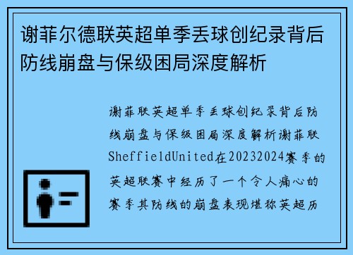 谢菲尔德联英超单季丢球创纪录背后防线崩盘与保级困局深度解析